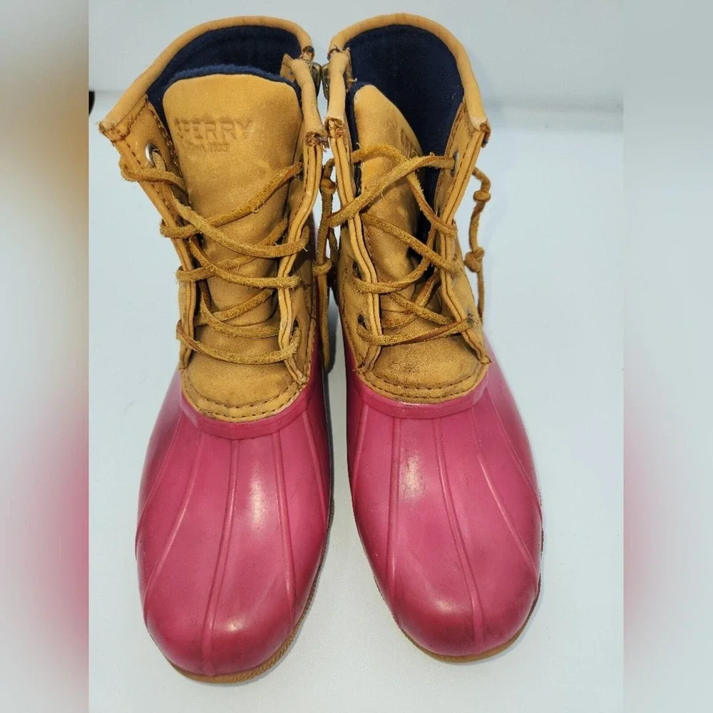 Sperry Top-Sider Duck Boots Pink Tan‎ Lace Up Ankle Boots Rubber Sole Shoes